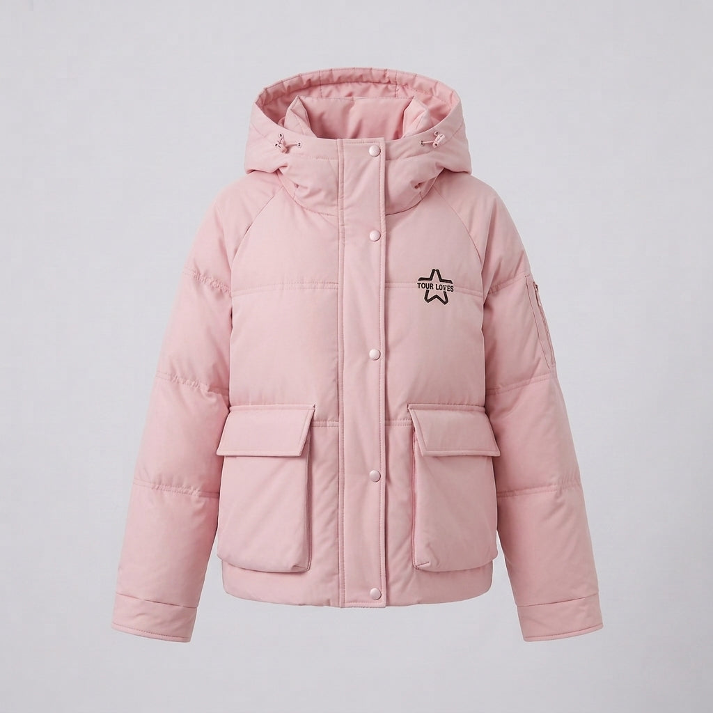 Women's nan boxy puffer jacket with concealed two-way front, contrasting inner panel and functional flap pockets