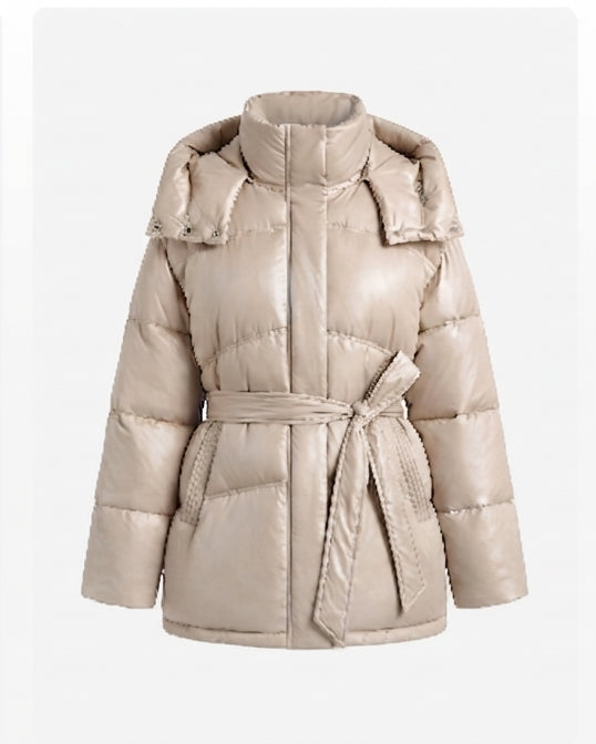 Women's padded oversized parka with tie belt and high collar