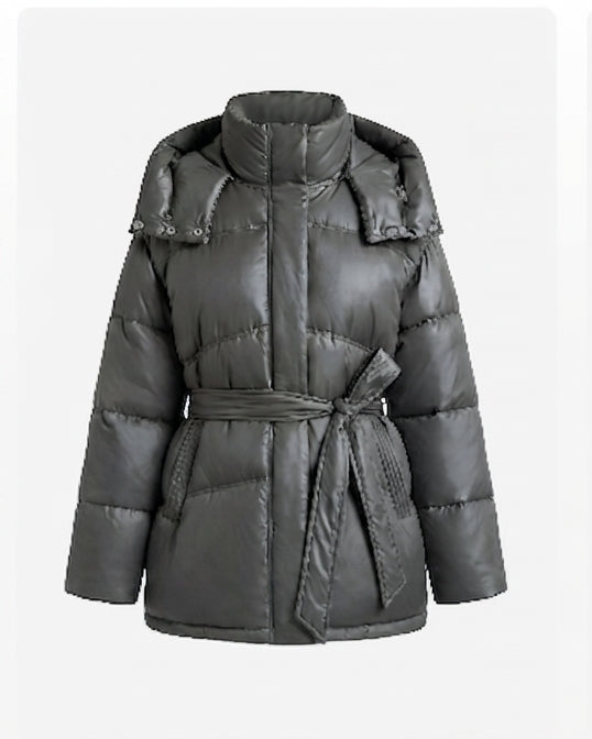 Women's padded oversized parka with tie belt and high collar