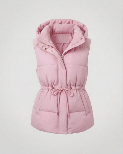 Women's quilted hooded vest with waist drawstring, padded thermal filling, and generous side pockets