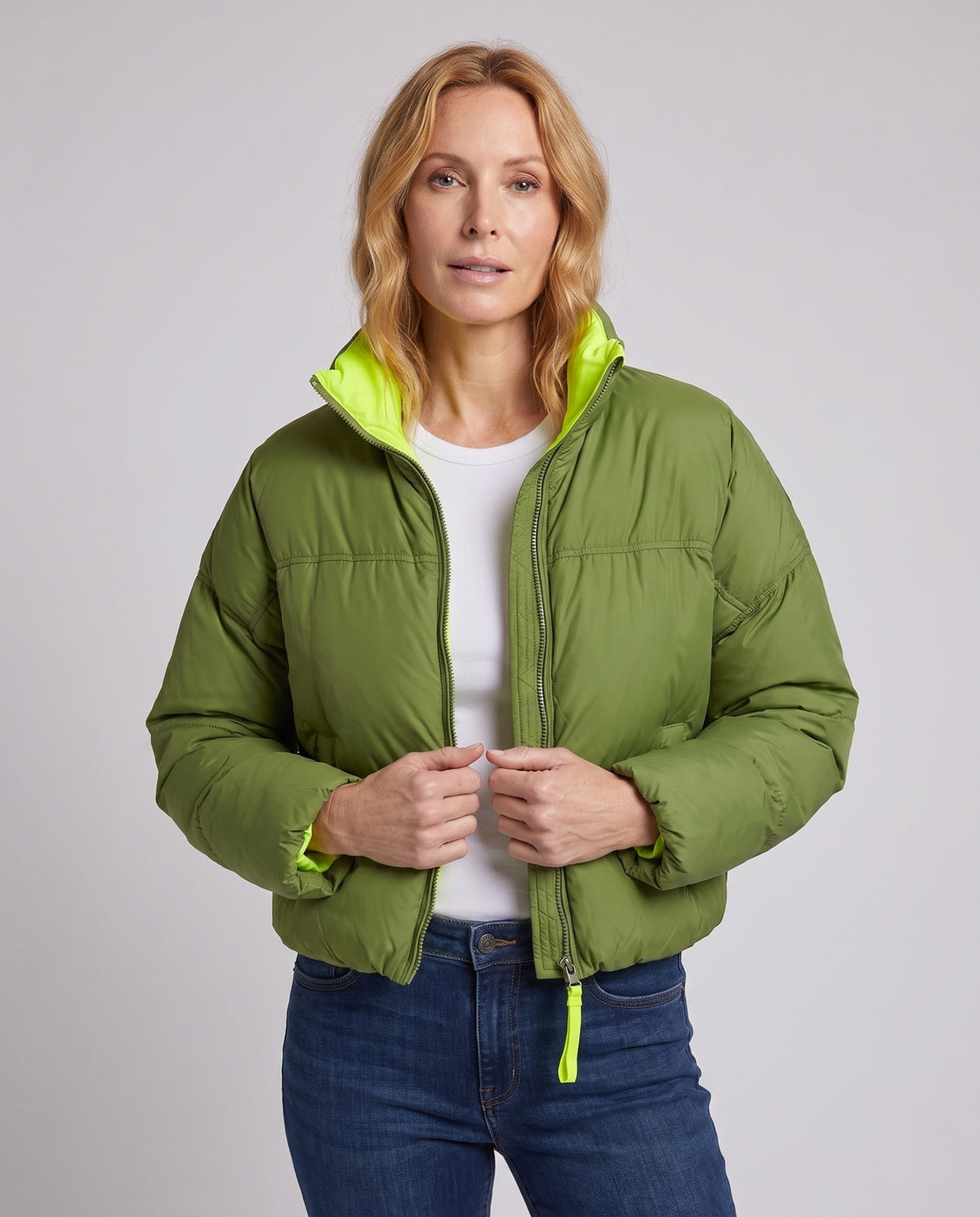 Women's short padded boxy puffer with two-layer stand collar and concealed zipper placket