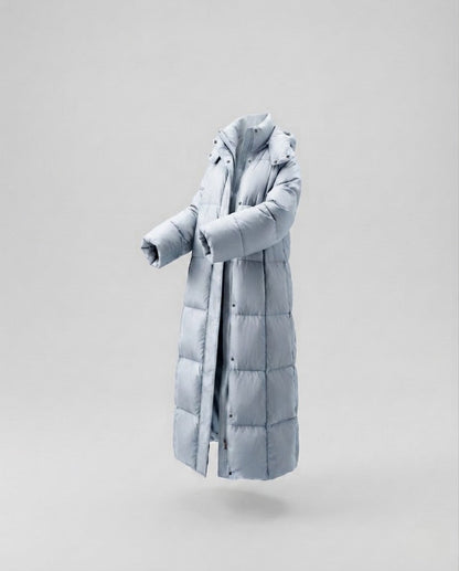 Women's ultra-lightweight midi quilted coat with extended back, innovative climate insulation, and windproof outer shell