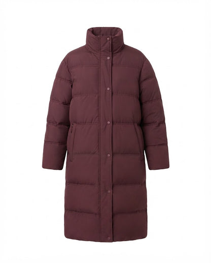 Ladies long-cut quilted thermal coat with hood, two-way zipper and side zip vents