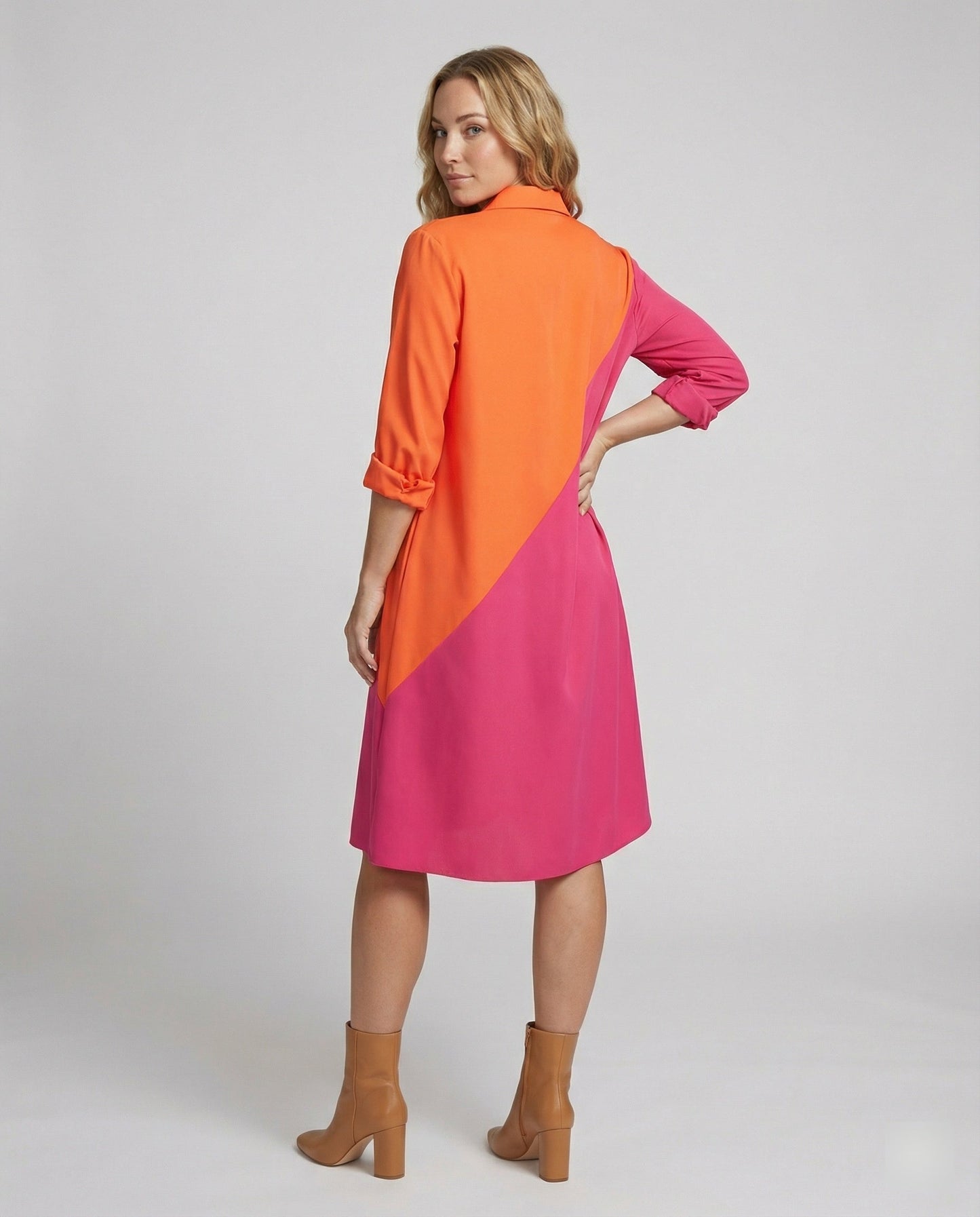 Shirt dress with lapel collar & three-quarter sleeves