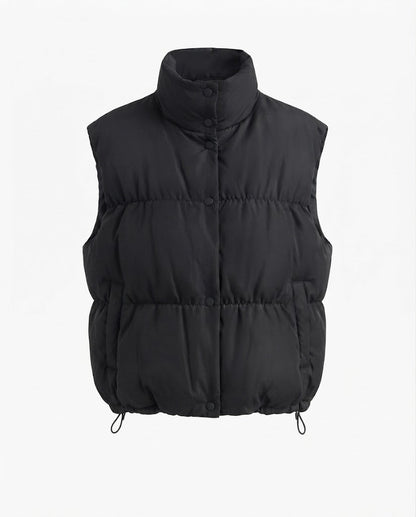 Ladies' puffy insulation vest with square construction and high stand-up collar