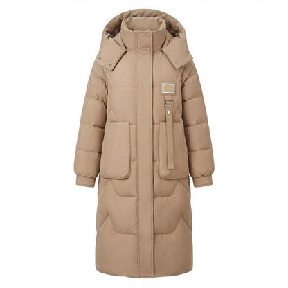 Women Long Thermal Quilted Coat with Oversized Hood and Wind Shield Flap