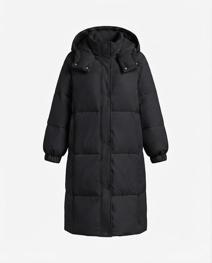 Women's longer minimalist padded coat with high wrap collar and straight square quilting seams