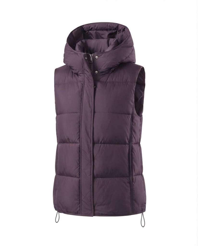Women’s nano ultra-light insulation vest with voluminous hood, concealed two-way front and adjustable hem