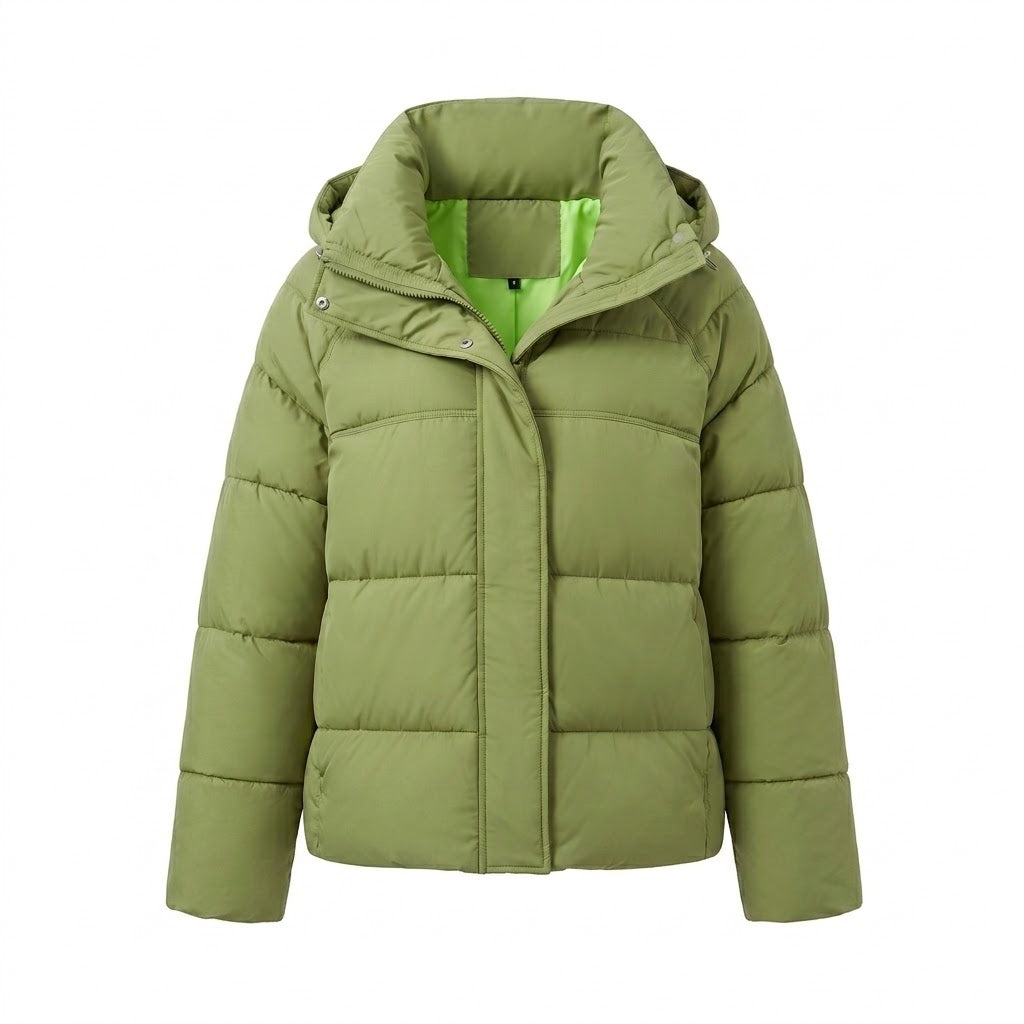 Women's padded oversized quilted jacket with high stand-up collar and adjustable drawstring