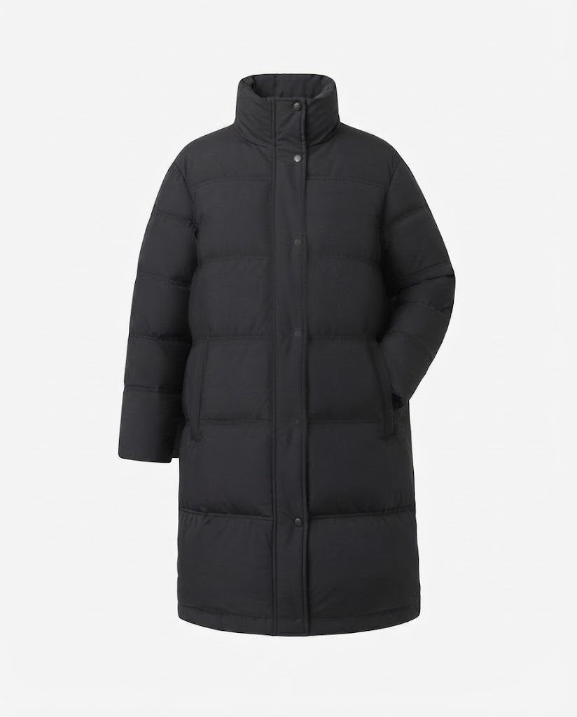 Ladies long-cut quilted thermal coat with hood, two-way zipper and side zip vents