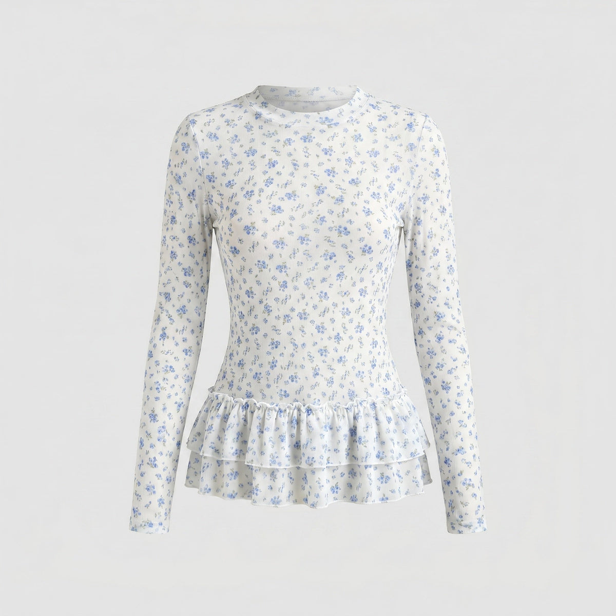 Ladies blouse with fresh floral print and playful ruffled hem - Chichicherry