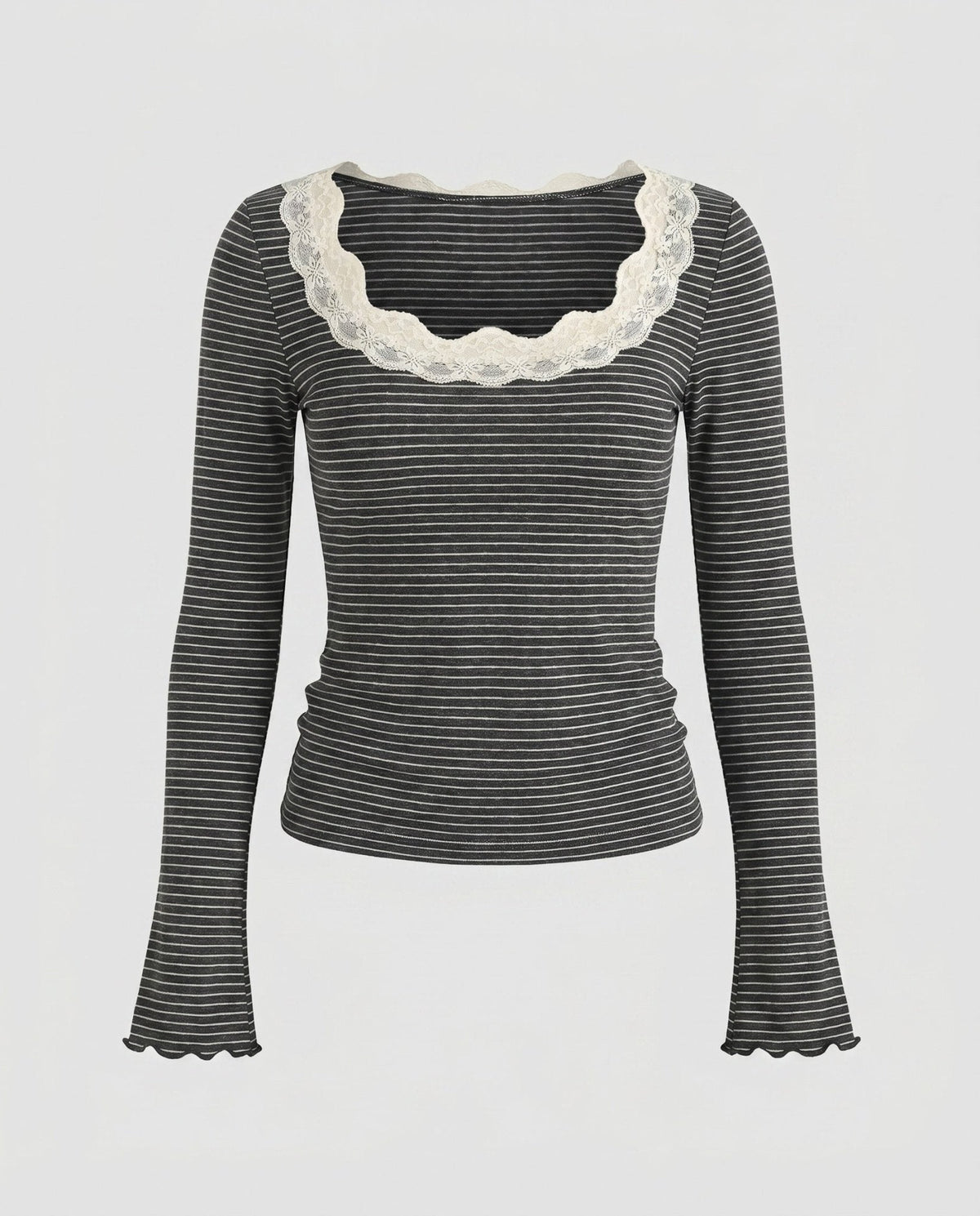 Ladies long sleeve shirt with elegant lace collar and striped design - Chichicherry