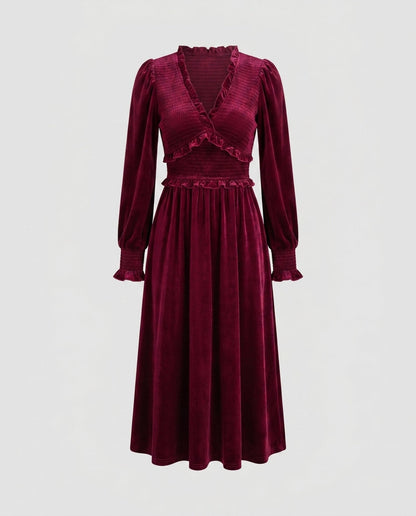Ladies maxi dress with elegant ruffle design and shimmering fabric - Chichicherry