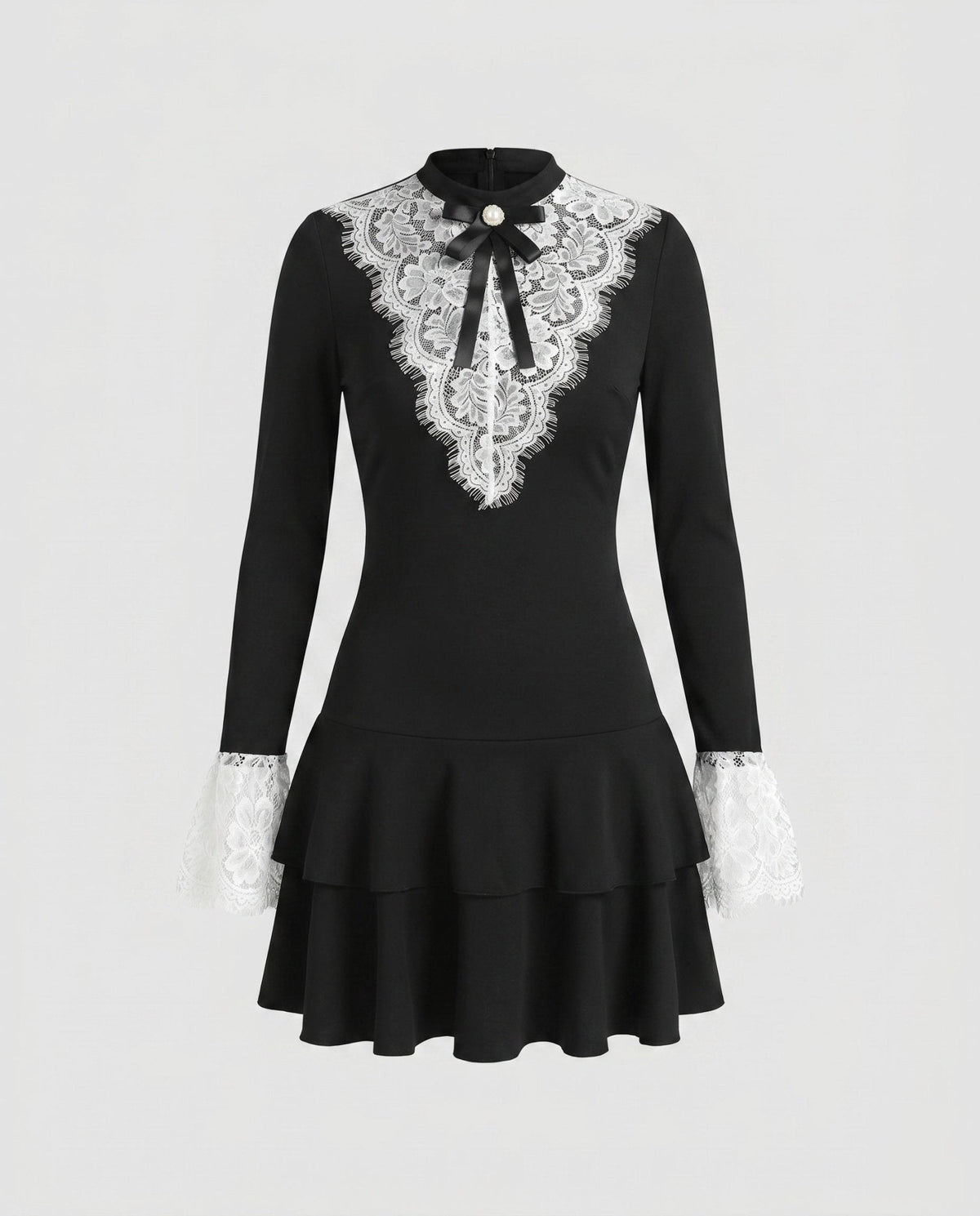 Ladies minidress with elegant lace sleeves and ruffles - Chichicherry