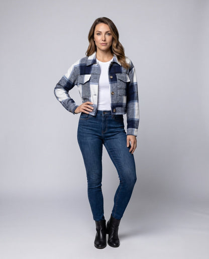 Ladies plaid flannel jacket with stylish button closure - Chichicherry