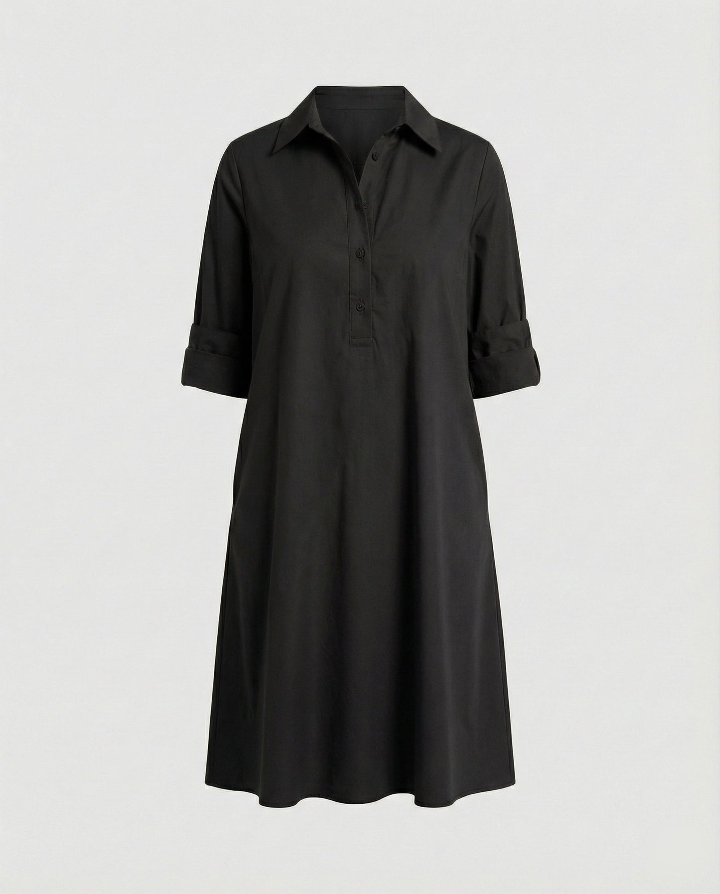 Shirt dress with lapel collar & three-quarter sleeves