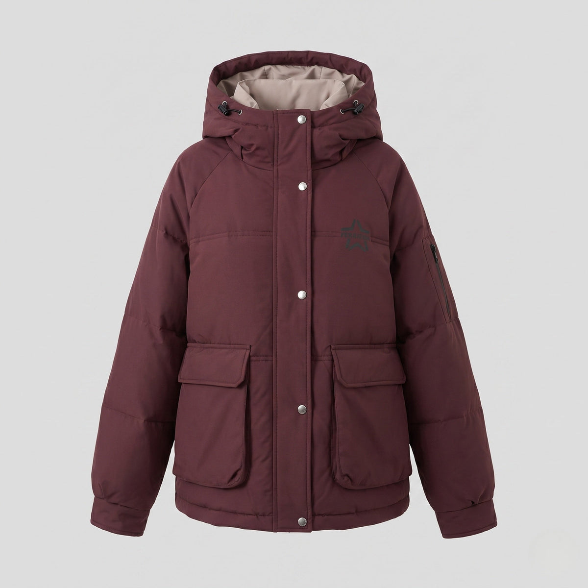 Women's nan boxy puffer jacket with concealed two-way front, contrasting inner panel and functional flap pockets