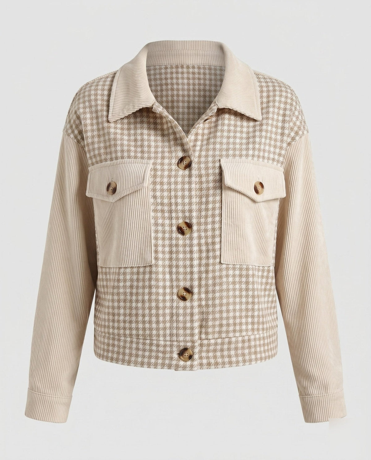 Women Checked Cord Jacket with Pockets and Button Details - Chichicherry