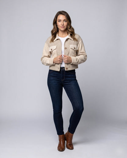 Women Checked Cord Jacket with Pockets and Button Details - Chichicherry