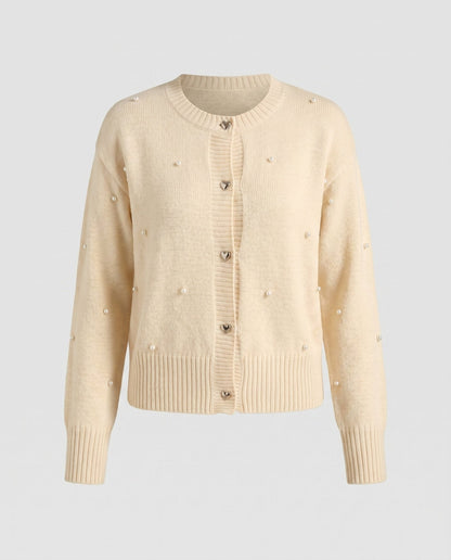 Women’s cardigan with heart-shaped buttons and elegant pearl decoration - Chichicherry