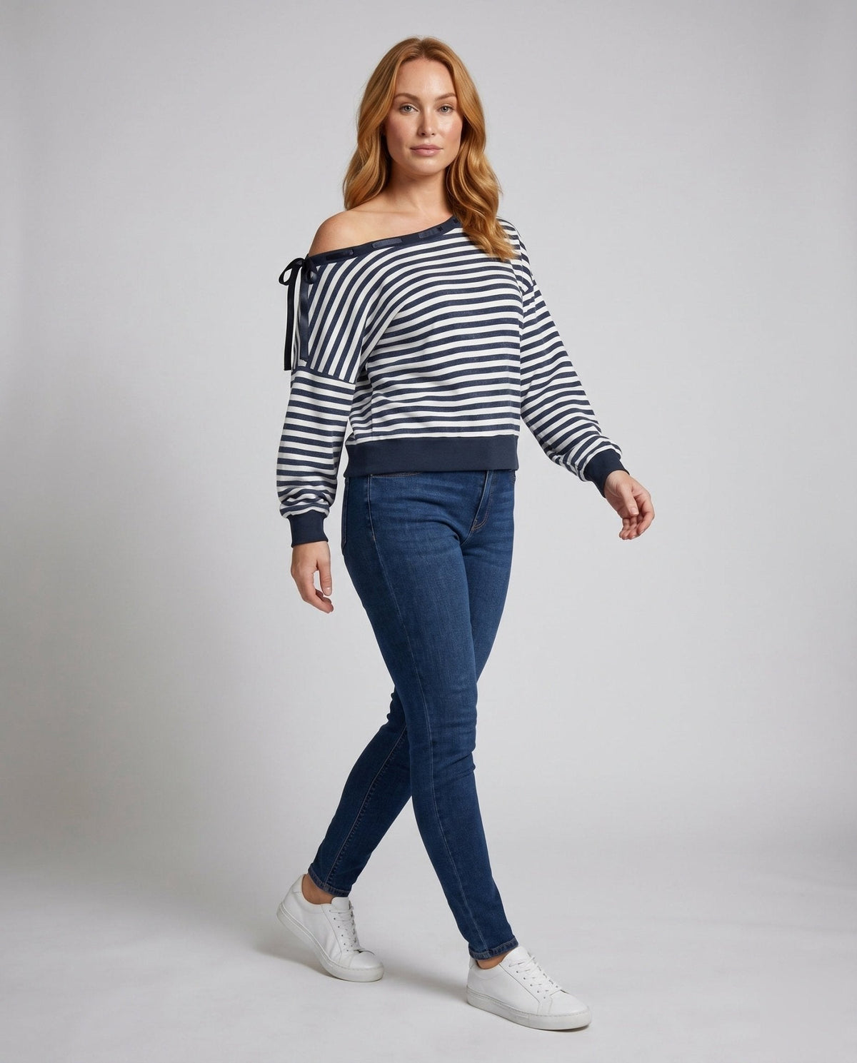 Women's casual asymmetric sweatshirt with stylish stripe pattern and shoulder details - Chichicherry