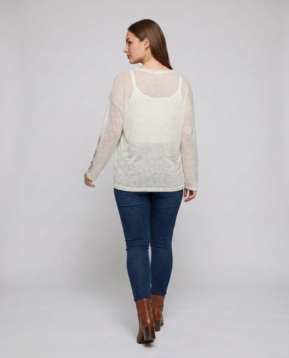 Women's casual oversized long sleeve shirt with open shoulder and creative lettering - Chichicherry