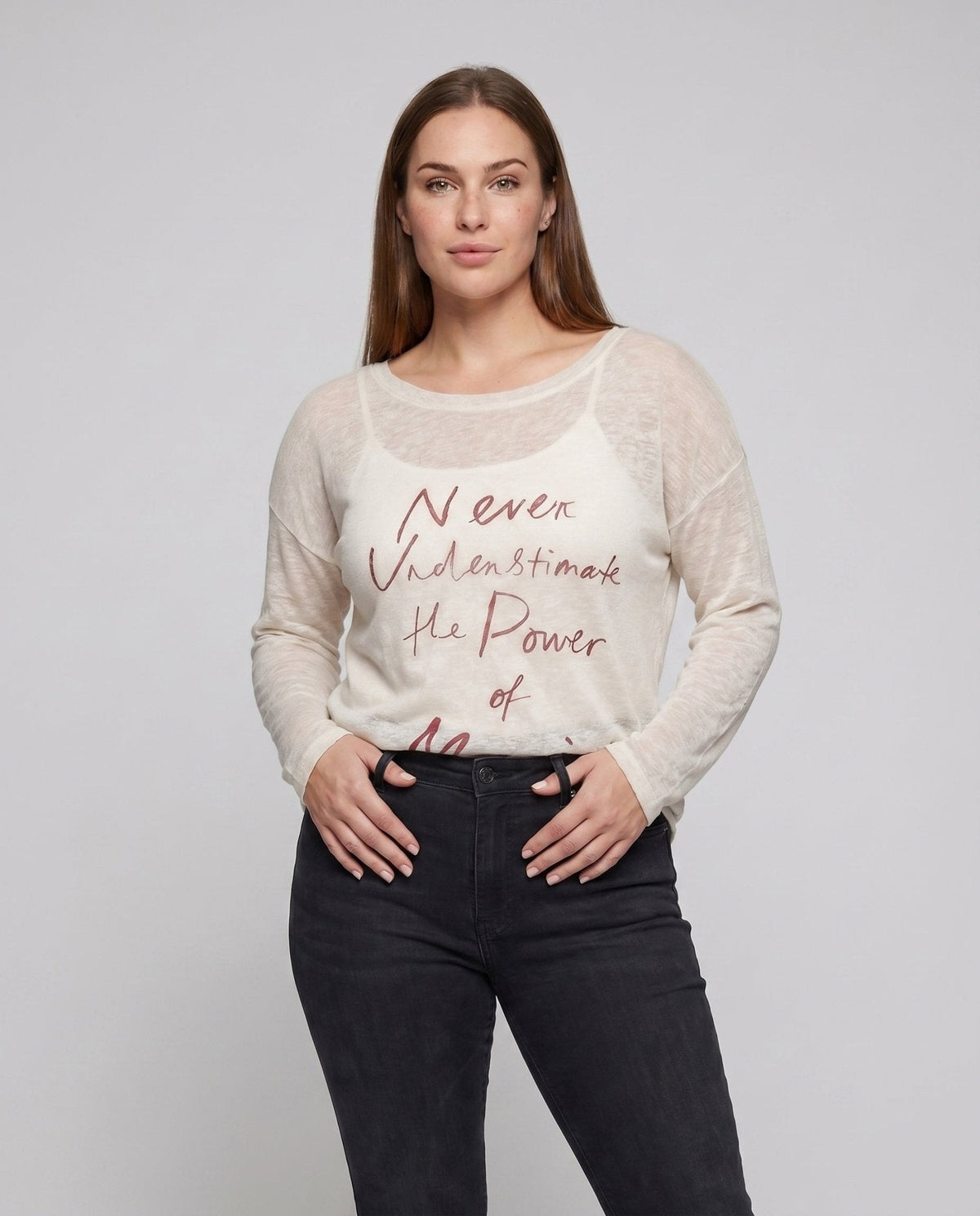 Women's casual oversized shirt with asymmetrical neckline and creative lettering - Chichicherry