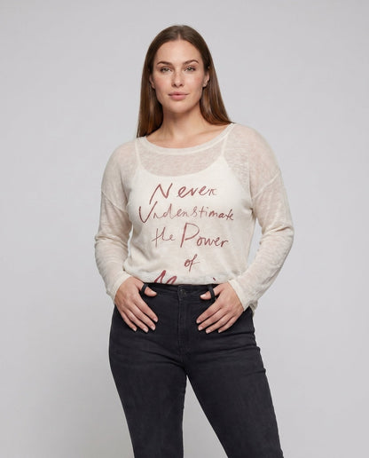 Women's casual oversized shirt with asymmetrical neckline and creative lettering - Chichicherry