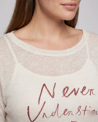 Women's casual oversized shirt with asymmetrical neckline and creative lettering - Chichicherry