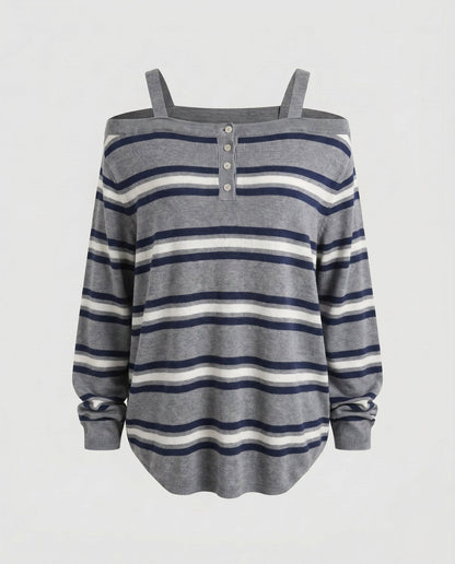 Women’s Casual Oversized Shirt with Wide Stripe Pattern and Decorative Button Closure - Chichicherry