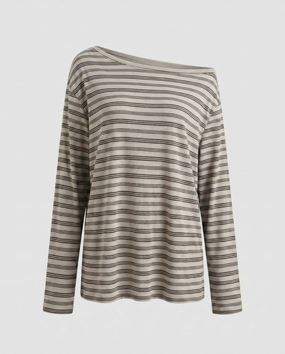 Women's casual top with asymmetrical collar and trendy stripes - Chichicherry