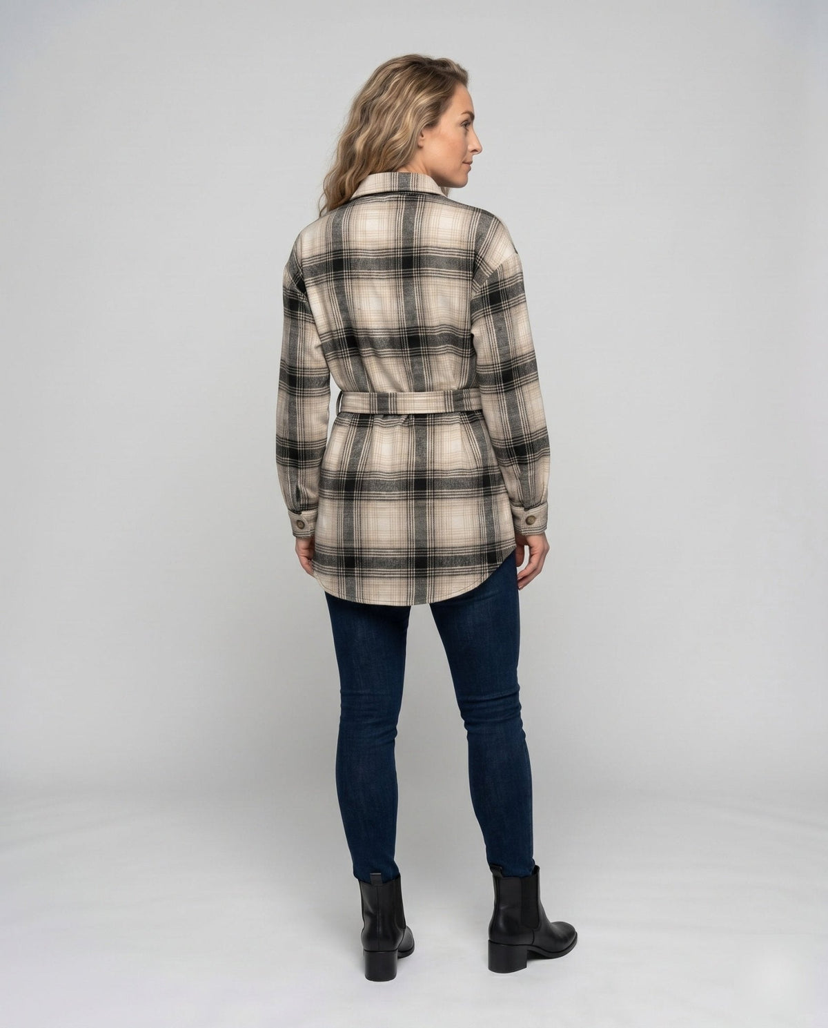 Women's Checkered Shirt Blouse with Belt and Chest Pockets - Chichicherry