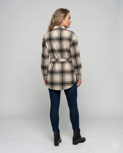 Women's Checkered Shirt Blouse with Belt and Chest Pockets - Chichicherry