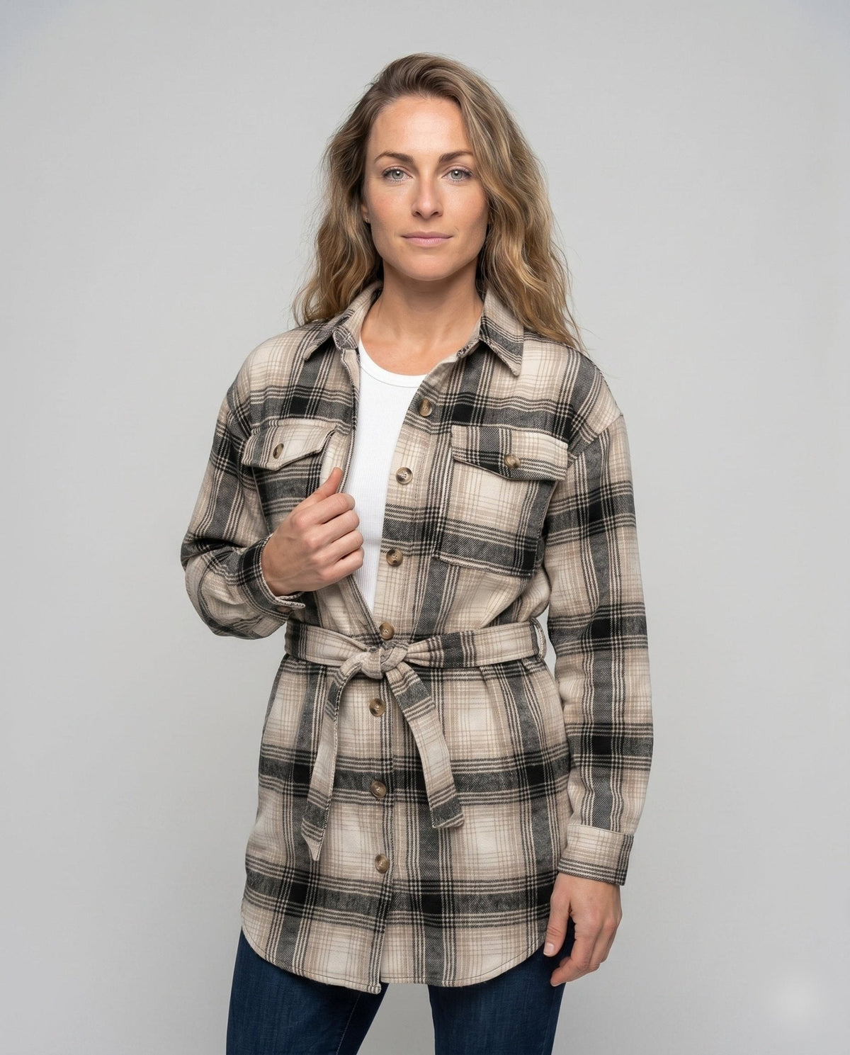 Women's Checkered Shirt Blouse with Belt and Chest Pockets - Chichicherry