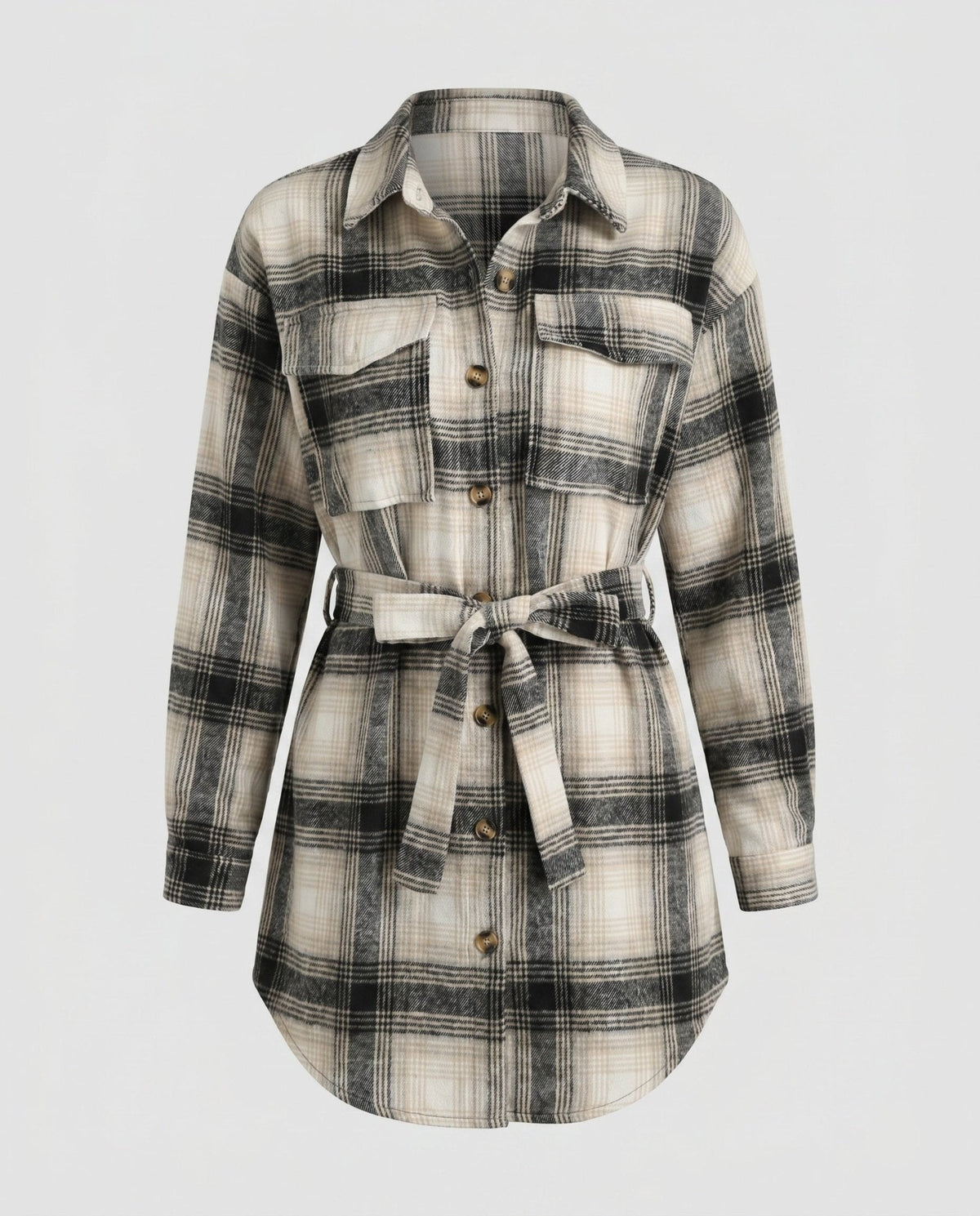Women's Checkered Shirt Blouse with Belt and Chest Pockets - Chichicherry