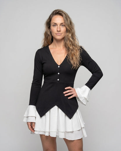 Women’s dress with deep V-neckline and palazzo skirt - Chichicherry