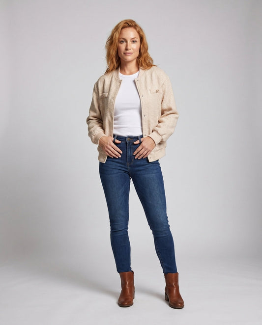 Women's fashionable bomber jacket with textured fabric and practical pockets - Chichicherry