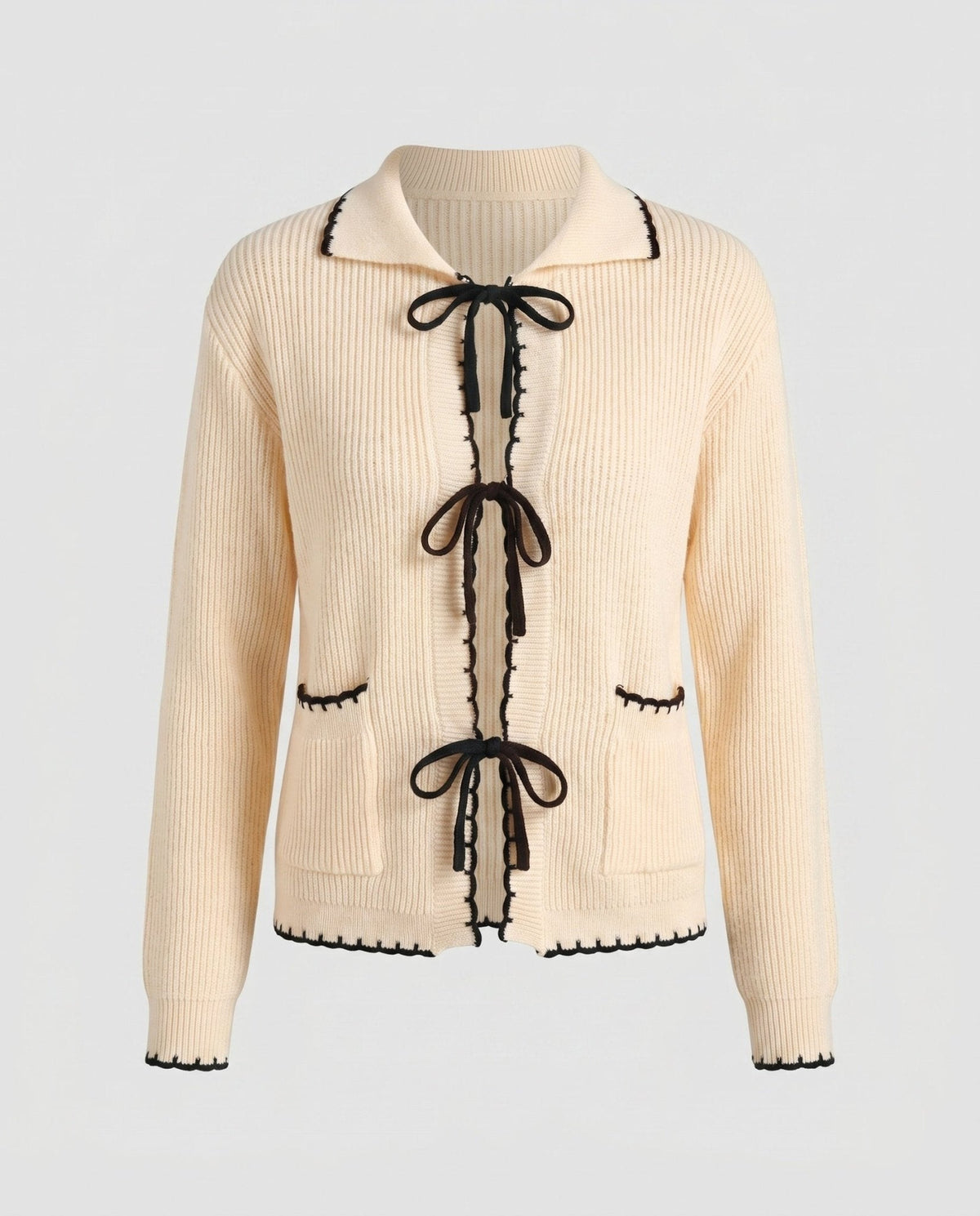 Women's fashionable knitted cardigan with decorative cord bows and contrast details - Chichicherry