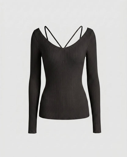 Women's fitted long-sleeve shirt with unique V-neck and refined strap details - Chichicherry