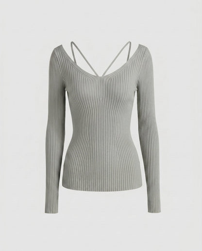 Women's fitted long-sleeve shirt with unique V-neck and refined strap details - Chichicherry