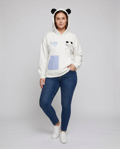 Women's hoodie with playful cat design and checkered pocket - Chichicherry