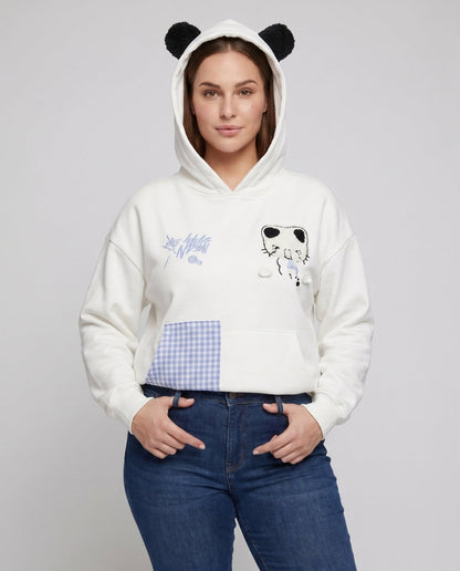 Women's hoodie with playful cat design and checkered pocket - Chichicherry