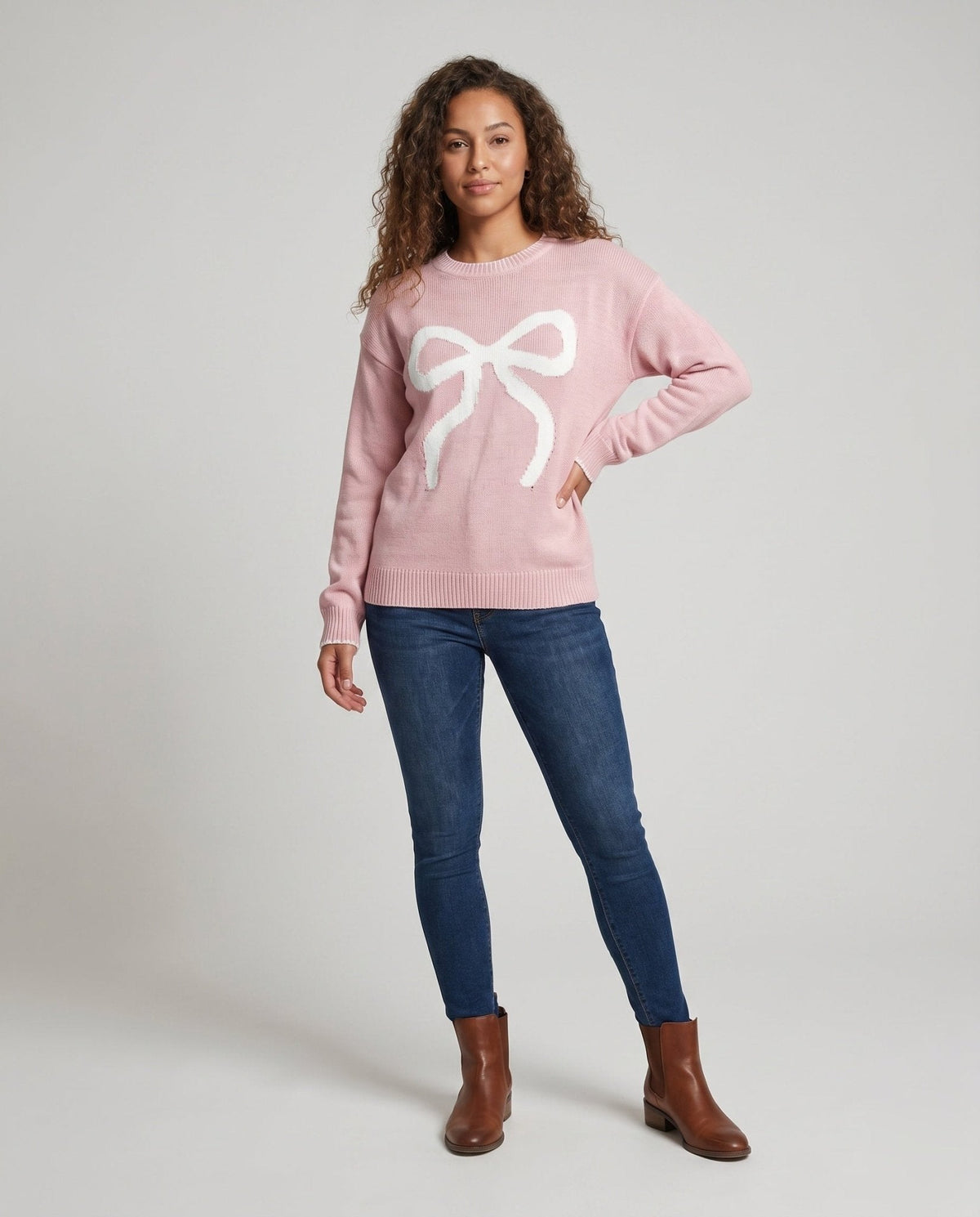 Women's knit sweater with decorative bow motif and casual fit - Chichicherry