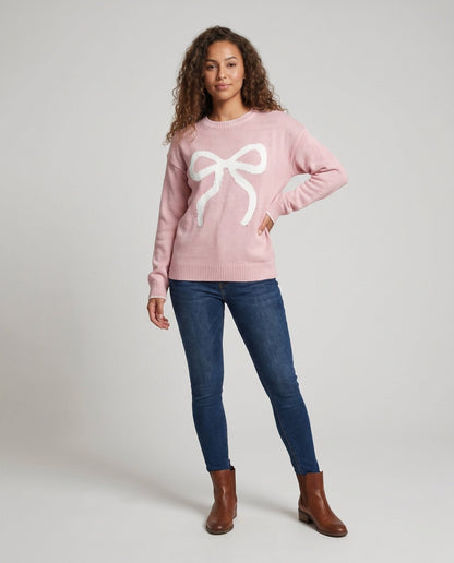 Women's knit sweater with decorative bow motif and casual fit - Chichicherry