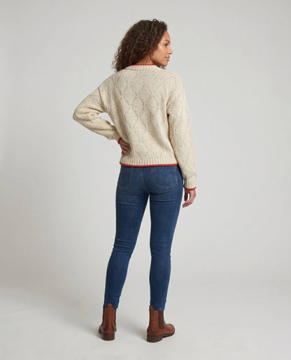 Women's knit sweater with fish motif and colorful hem - Chichicherry