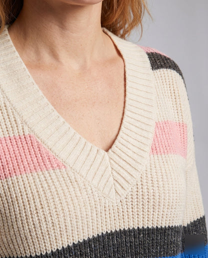 Women's knit sweater with V-neck and casual stripe pattern - Chichicherry