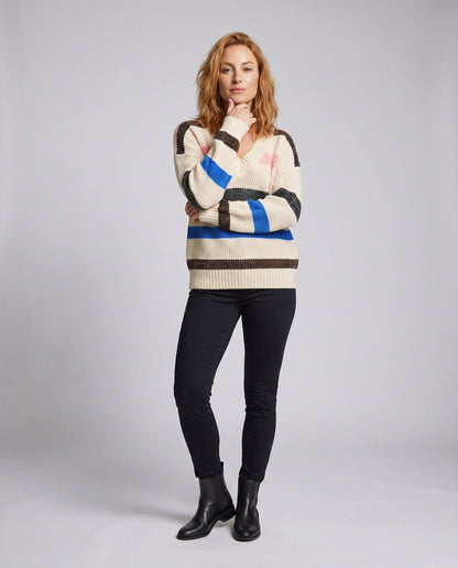 Women's knit sweater with V-neck and casual stripe pattern - Chichicherry
