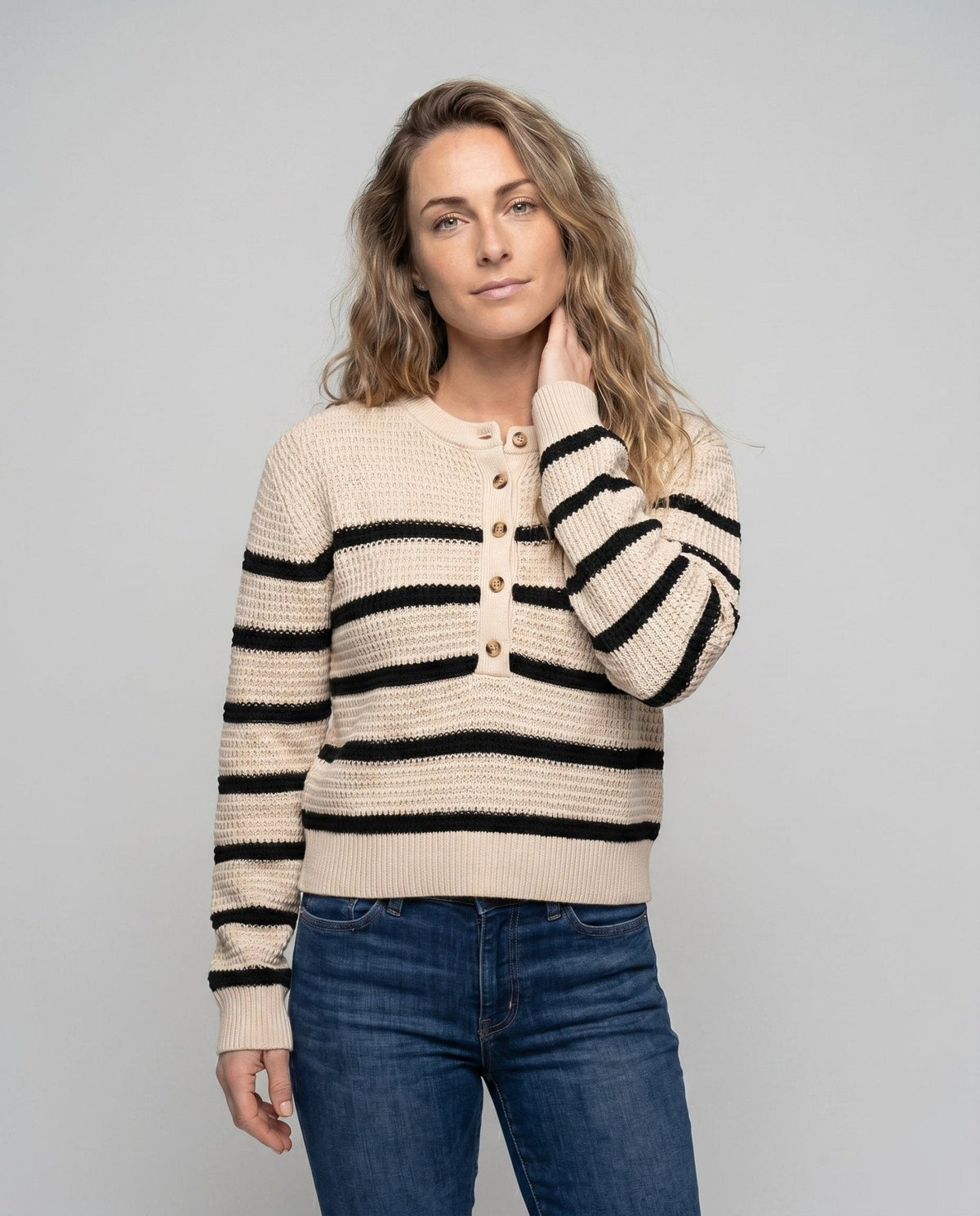 Women's knitted sweater with button placket and striped pattern - Chichicherry