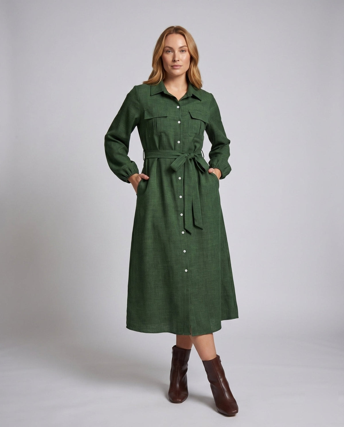Women’s Long Sleeve Shirt Dress with Fitted Ties Belt - Chichicherry