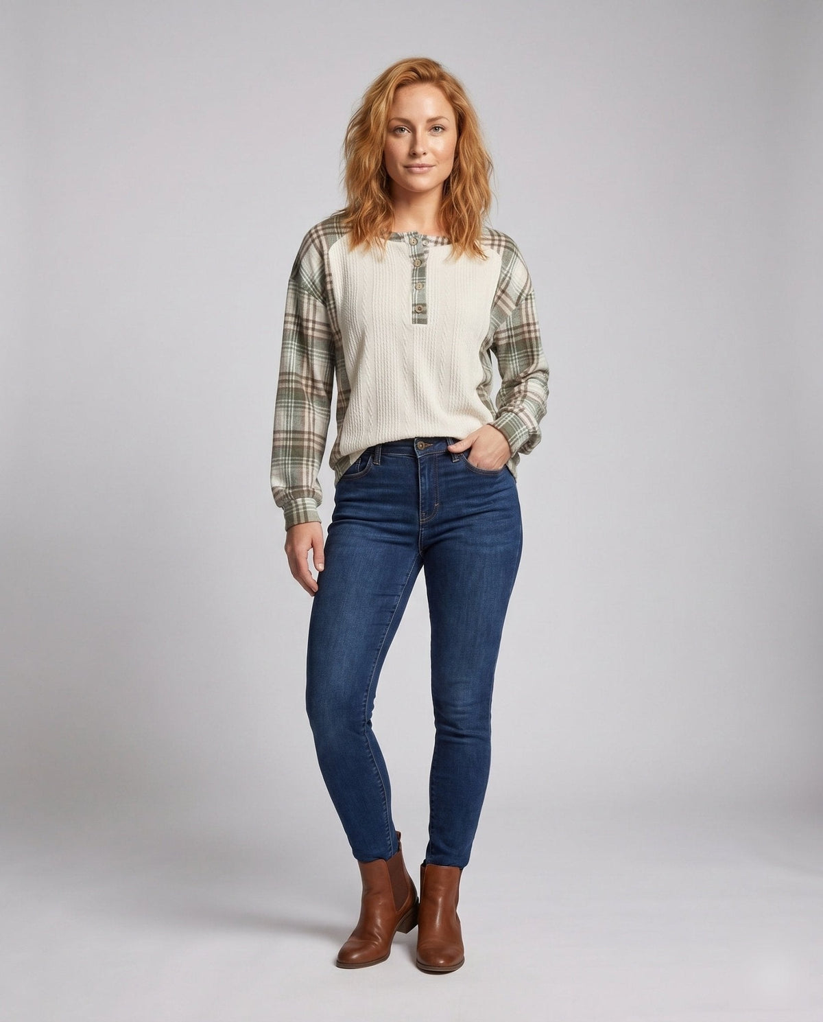 Women's Long Sleeve Shirt with Checkered Pattern and Textured Fabric - Chichicherry